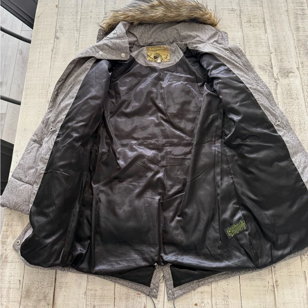 Gray Winter Coat with Faux Fur Hood Long Length - Picture 3 of 14